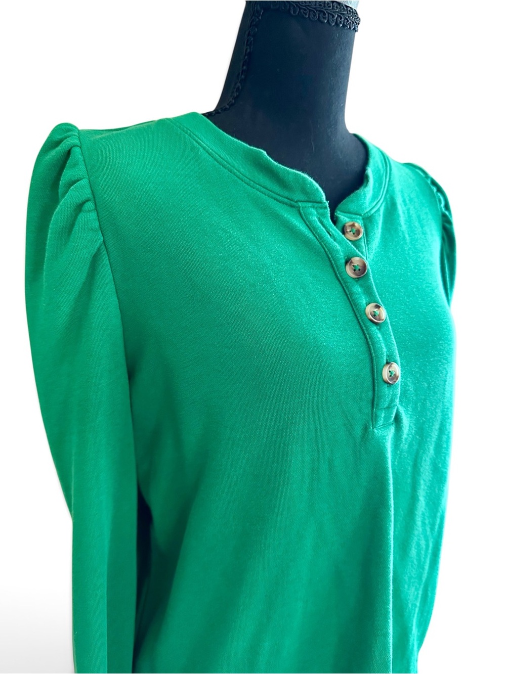 LOFT Emerald Green Puff-Sleeve Henley Sweatshirt